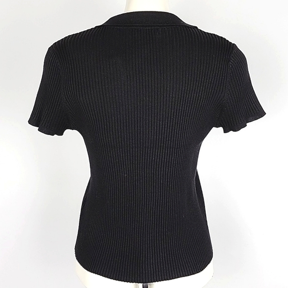 DKNY Women's Black Ribbed Knit Short Sleeve Collar Top Size Large - Picture 3 of 10